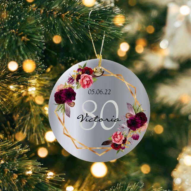 80th birthday silver florals geometric burgundy ceramic tree decoration (Creator Uploaded)