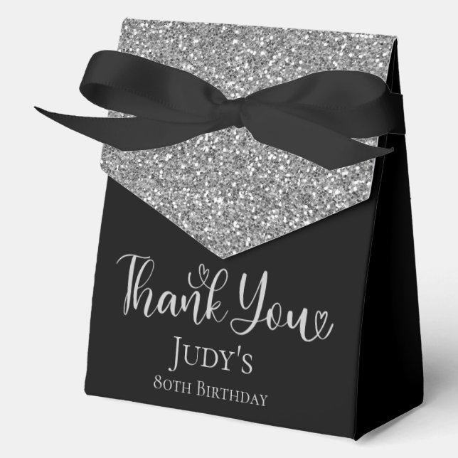 80th Birthday Silver Glitter Black Thank You Favour Box (Front)