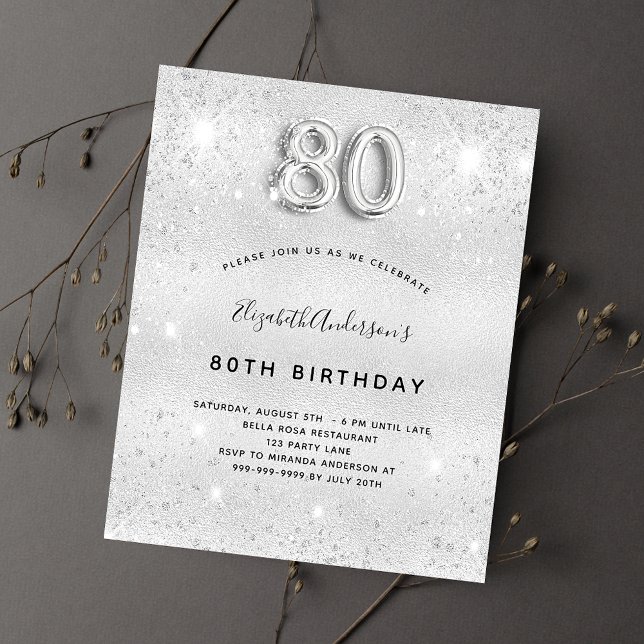 80th birthday silver glitter budget invitation flyer (Creator Uploaded)