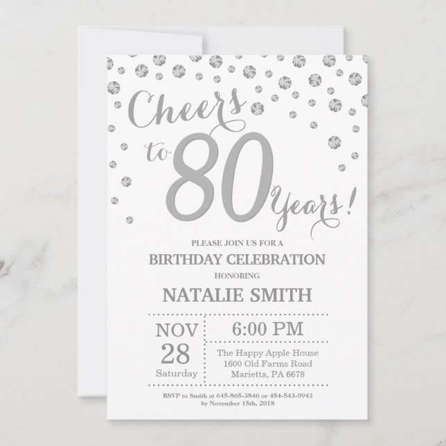 80th Birthday Silver Glitter Diamond Invitation (Front)
