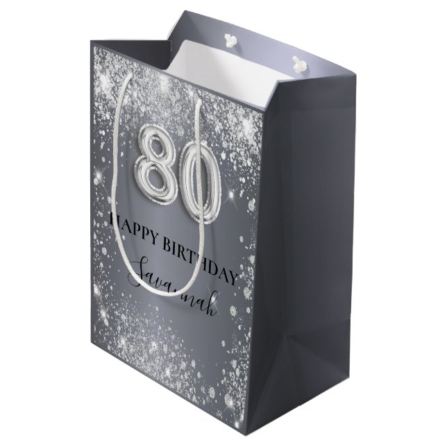 80th birthday silver glitter dust monogram medium gift bag (Back Angled)
