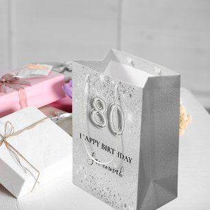 80th birthday silver glitter dust monogram medium gift bag
