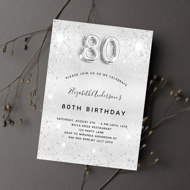 80th birthday silver glitter glamourous invitation postcard (Creator Uploaded)