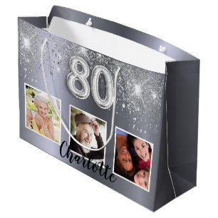 80th birthday silver glitter photo large gift bag