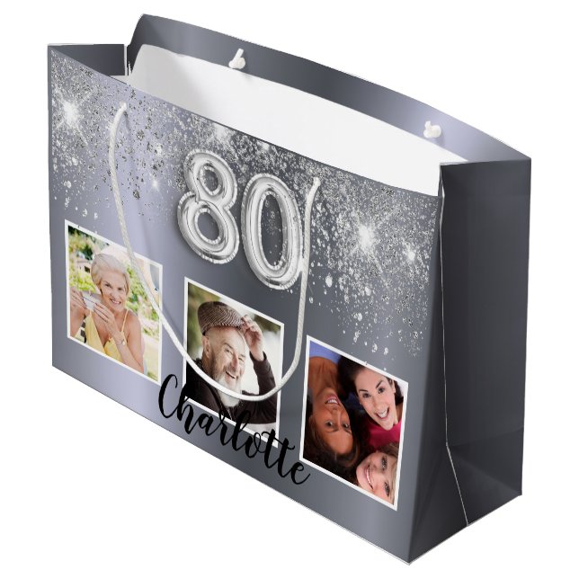 80th birthday silver glitter photo large gift bag (Back Angled)