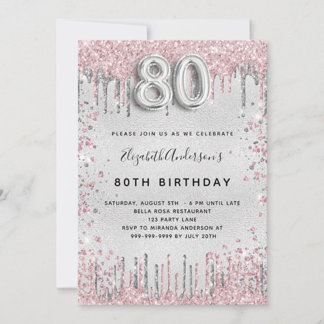 80th birthday silver pink metal glitter dust invitation (Front)