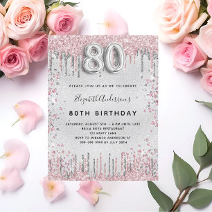 80th birthday silver pink metal glitter dust invitation postcard