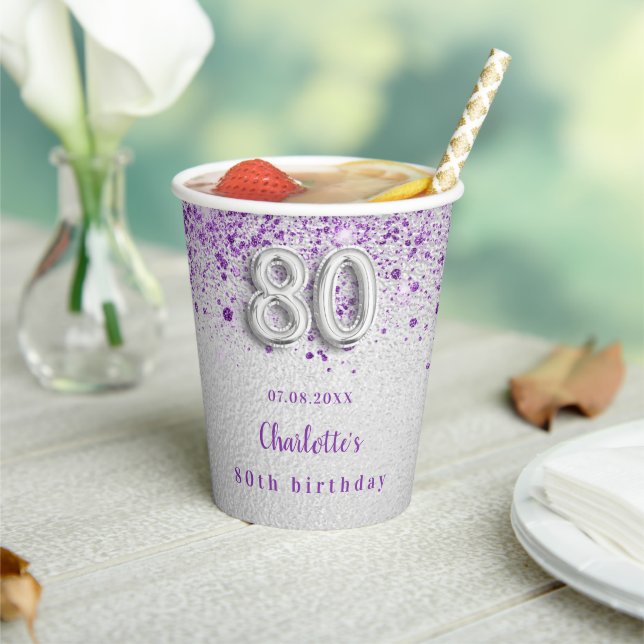 80th birthday silver purple glitter name paper cups (Insitu)