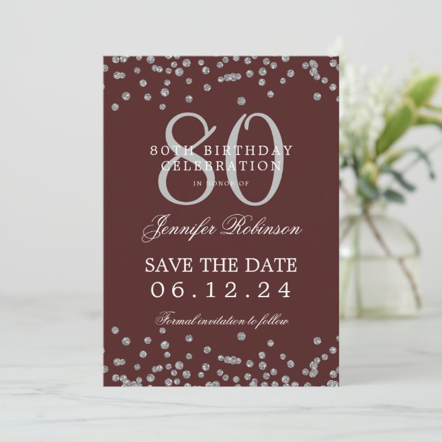 80th Birthday Silver Save Date Confetti Burgundy  Invitation (Standing Front)