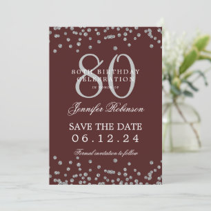80th Birthday Silver Save Date Confetti Burgundy  Invitation