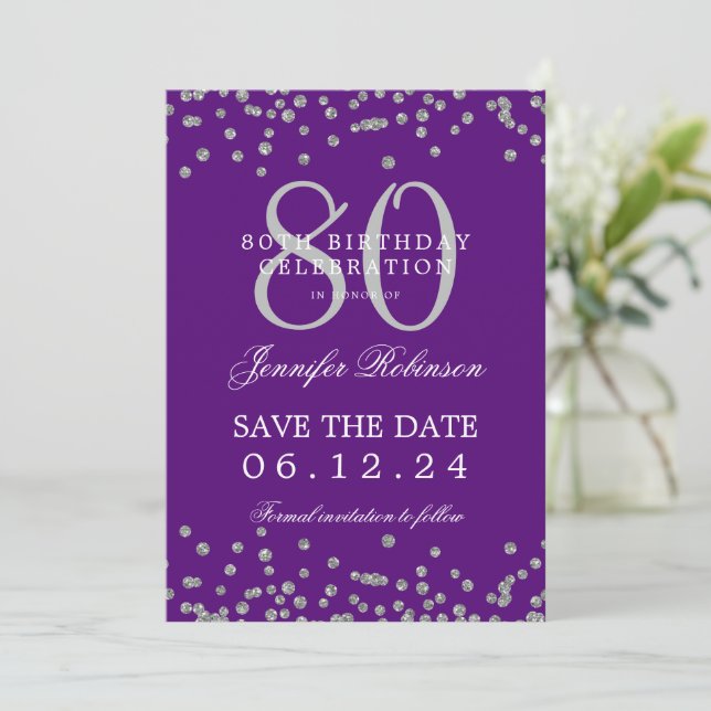 80th Birthday Silver Save Date Confetti Purple  Invitation (Standing Front)