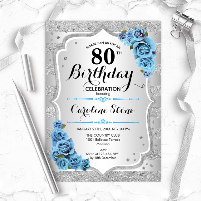 80th Birthday - Silver Stripes Turquoise Roses Invitation (Creator Uploaded)