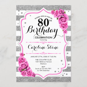80th Birthday -  Silver White Stripes Pink Roses Invitation