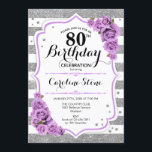 80th Birthday -  Silver White Stripes Purple Roses Invitation<br><div class="desc">80th Birthday Invitation.
Elegant silver white lavender design with faux glitter. Silver and white stripes with purple roses. Perfect for an elegant eightieth birthday party.</div>