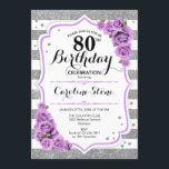 80th Birthday -  Silver White Stripes Purple Roses Invitation<br><div class="desc">80th Birthday Invitation.
Elegant silver white lavender design with faux glitter. Silver and white stripes with purple roses. Perfect for an elegant eightieth birthday party.</div>