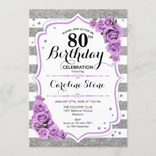 80th Birthday -  Silver White Stripes Purple Roses Invitation
