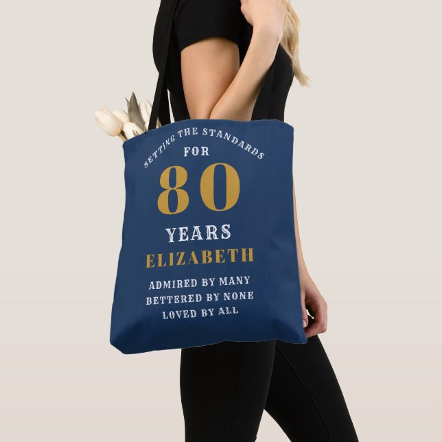 80th Birthday Standards Blue & Gold Add Your Name Tote Bag (Close Up)