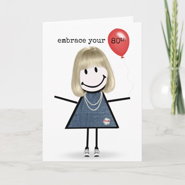 80th Birthday Stick Figure Girl with Red Balloon Card (Front)