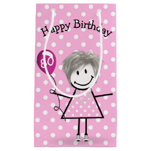 80th Birthday Stick Girl with Pink Balloon  Small Gift Bag