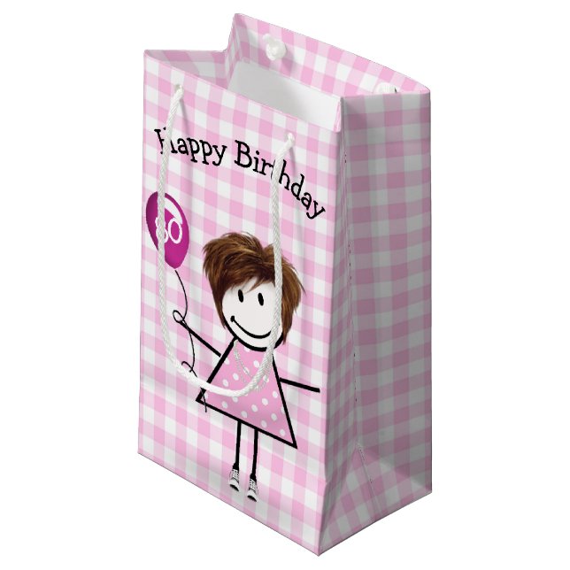 80th Birthday Stick Girl with Pink Balloon  Small Gift Bag (Front Angled)