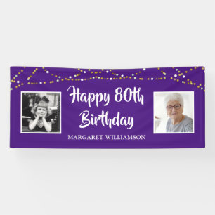 80th Birthday String Lights Photo Name Purple Banner
