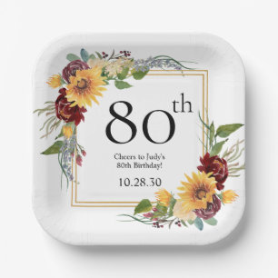 80th Birthday Sunflowers Paper Plate