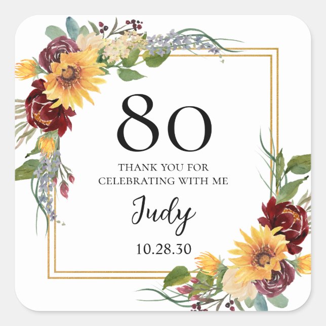 80th Birthday Sunflowers Thank You Square Sticker (Front)
