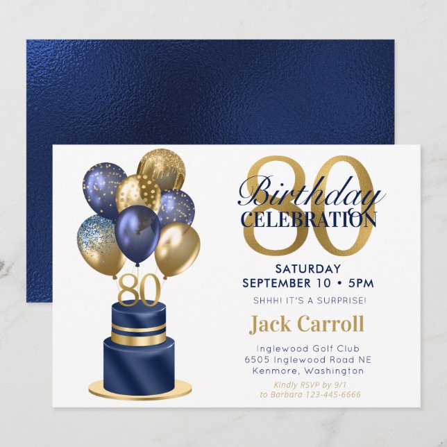 80th Birthday Surprise Navy Blue Cake Invitation (Front/Back)
