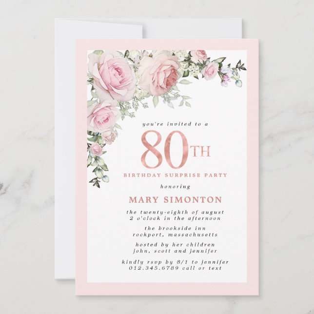 80th Birthday Surprise Party Blush Pink Floral Invitation (Front)