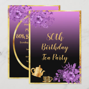 80th birthday tea party invitation black purple