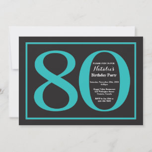 80th Birthday Teal and Black Chalkboard Invitation