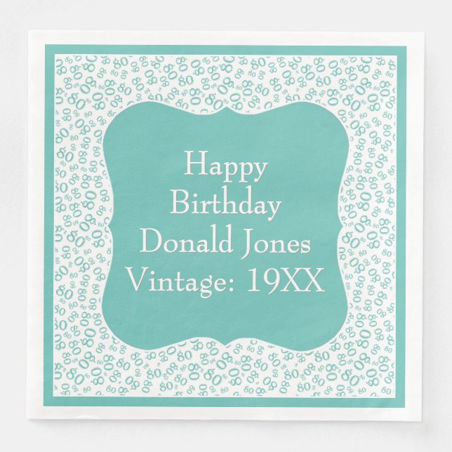 80th Birthday Teal/White Bracket Number Pattern Napkin (Front)