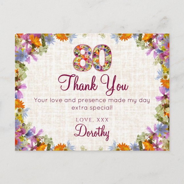 80th Birthday Thank You – Elegant Floral Design Postcard (Front)