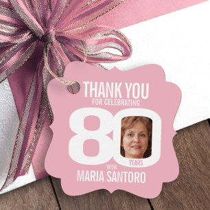 80th birthday thank you photo pink white favour tags
