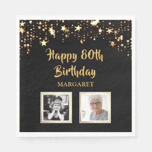 80th Birthday Then and Now Photos Black Gold Stars Napkin