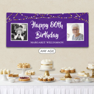 80th Birthday Then & Now Photos Lights Purple Banner