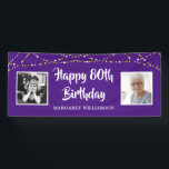 80th Birthday Then & Now Photos Lights Purple Banner<br><div class="desc">Celebrate any age birthday (shown for an 80th) with this custom text and colour (shown in purple) banner sign featuring 2 photos (perhaps THEN and NOW pictures) of the birthday man or woman with a border of gold and white string lights. ASSISTANCE: For help with design modification or personalisation, colour...</div>