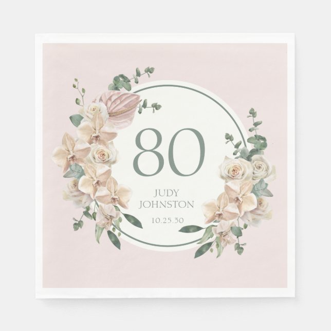 80th Birthday Tropical Floral Napkin (Front)