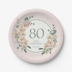 80th Birthday Tropical Floral Paper Plate