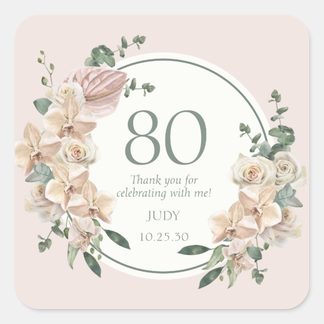 80th Birthday Tropical Floral Thank You Square Sticker (Front)