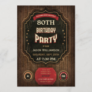 80th Birthday Vintage Chalkboard & Wood Invitation