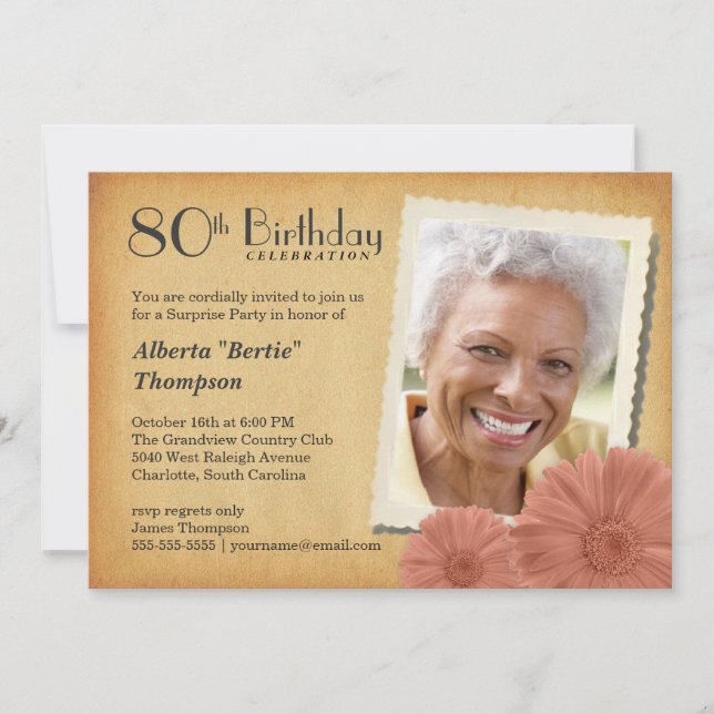 80th Birthday Vintage Daisy Photo Invitations (Front)