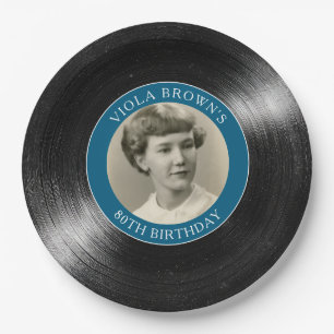 80th Birthday Vinyl Record Blue Paper Plate