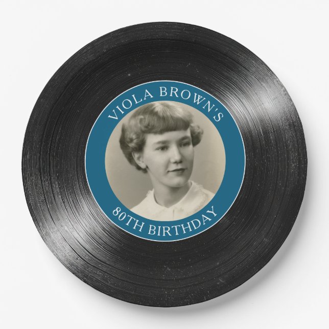 80th Birthday Vinyl Record Blue Paper Plate (Front)