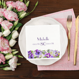 80th birthday violet pansies flowers white napkin