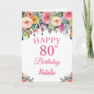 80th Birthday Watercolor Floral Flowers Pink Card