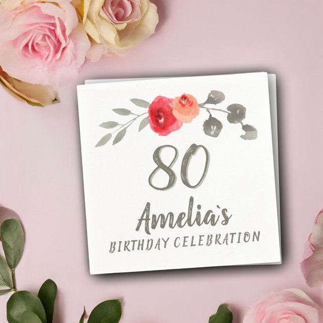 80th Birthday Watercolor Rose Floral Party Napkin (Creator Uploaded)