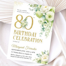 80th Birthday White Floral Eucalyptus Gold Glitter