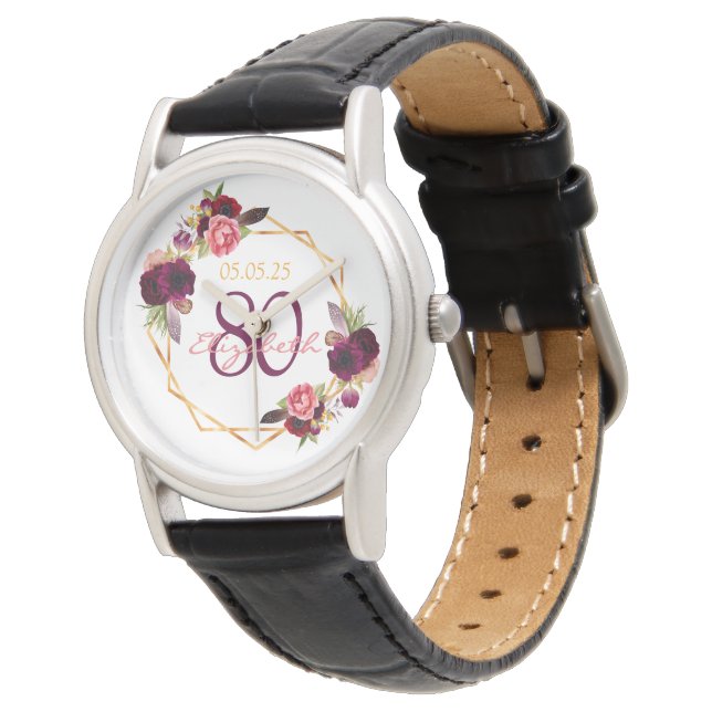 80th birthday white floral gold geo burgundy name watch (Angled)