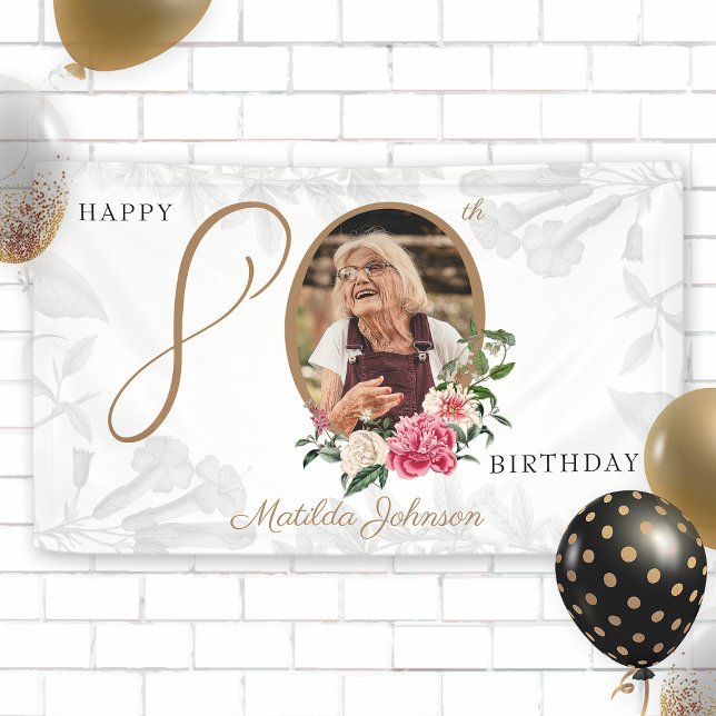 80th Birthday White Gold Floral Botanical Photo Banner (80th Birthday White Gold Floral Botanical Photo Banner)